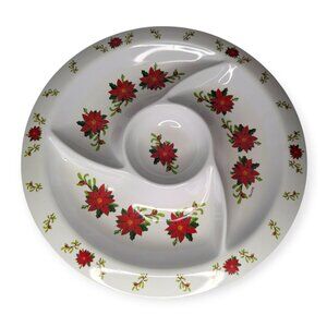 Christmas Poinsettia Melamine 4 Compartment Round Tray 15" Across